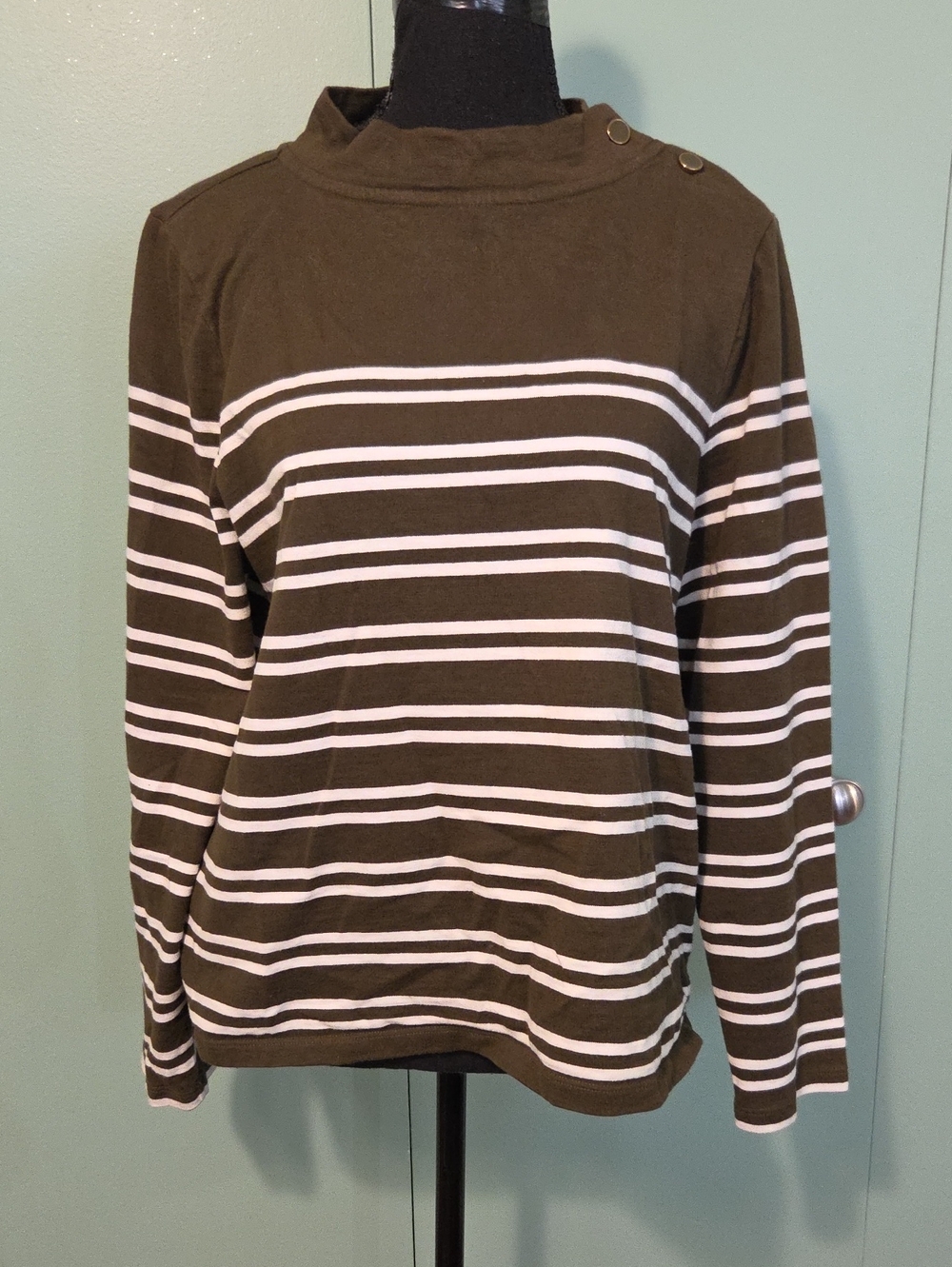 Talbots Striped Olive Brown  Long-Sleeve Top with Button Shoulder Size LP